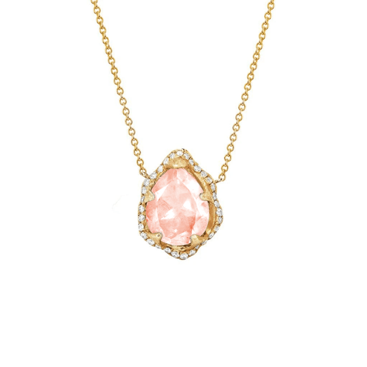 Baby Queen Water Drop Morganite Necklace with Full Pavé Halo Yellow Gold by Logan Hollowell Jewelry