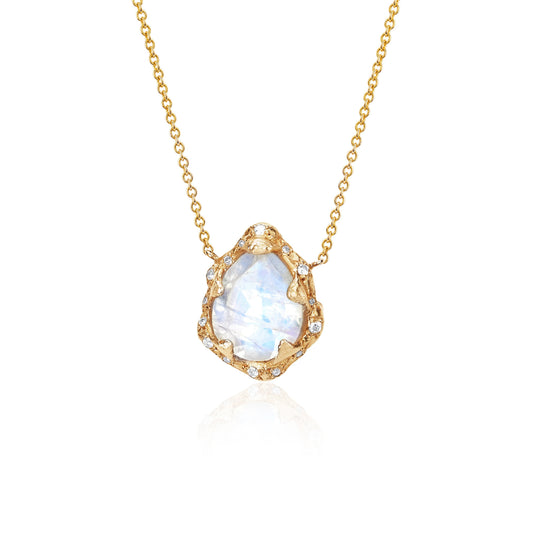 Baby Queen Water Drop Moonstone Necklace with Sprinkled Diamonds Yellow Gold by Logan Hollowell Jewelry