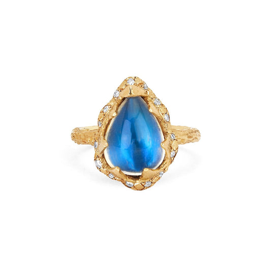 Baby Queen Water Drop Blue Sheen Moonstone Ring with Sprinkled Diamonds Yellow Gold 3 by Logan Hollowell Jewelry