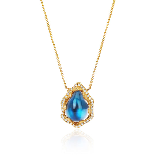 Queen Water Drop Blue Sheen Moonstone Necklace with Full Pavé Halo Yellow Gold 16-18" by Logan Hollowell Jewelry