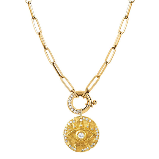 Alchemy Link Charm Necklace with Pavé Diamonds and 18k Diamond Eye of Protection Coin Charm Yellow Gold 16" by Logan Hollowell Jewelry