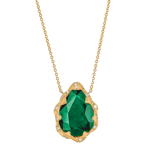 Queen Water Drop Zambian Emerald Necklace with Sprinkled Diamonds Yellow Gold by Logan Hollowell Jewelry