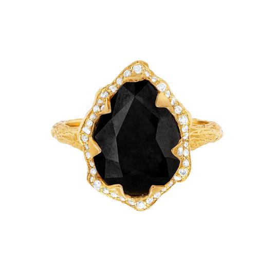 Queen Water Drop Onyx Ring with Full Pavé Diamond Halo Yellow Gold 3 by Logan Hollowell Jewelry
