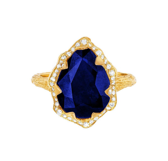 Queen Water Drop Sapphire Ring with Full Pavé Diamond Halo Yellow Gold 3 by Logan Hollowell Jewelry