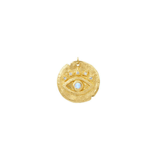 Moonstone Baby Eye of Protection Coin Charm Yellow Gold by Logan Hollowell Jewelry