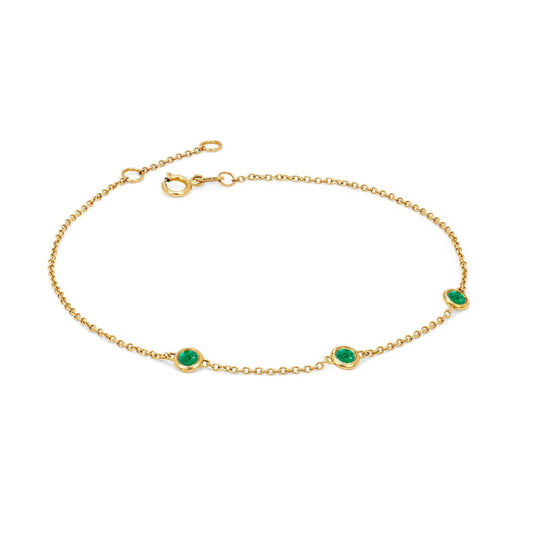 3 Emerald Orbit Bezel Bracelet Yellow Gold by Logan Hollowell Jewelry