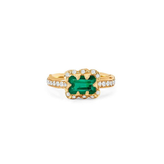 Micro Queen Emerald Cut Emerald Ring with Sprinkled Diamonds 3 Yellow Gold by Logan Hollowell Jewelry