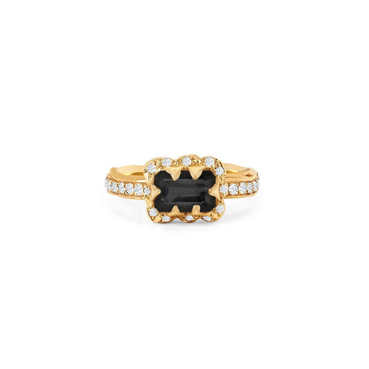 Micro Queen Emerald Cut Onyx Ring with Sprinkled Diamonds Yellow Gold Pavé Diamond Band 3 by Logan Hollowell Jewelry