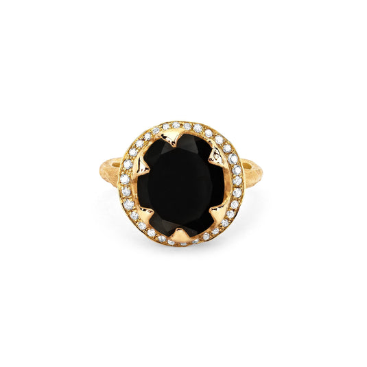 Queen Oval Onyx Ring with Full Pavé Diamond Halo Yellow Gold 3 by Logan Hollowell Jewelry