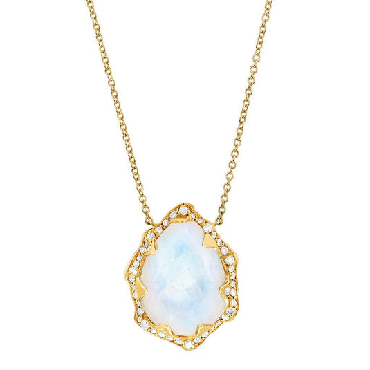 Queen Water Drop Moonstone Necklace with Full Pavé Diamond Halo Yellow Gold by Logan Hollowell Jewelry