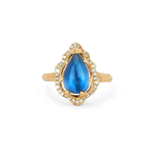 Baby Queen Water Drop Blue Sheen Moonstone Ring with Full Pavé Halo Yellow Gold 3 by Logan Hollowell Jewelry