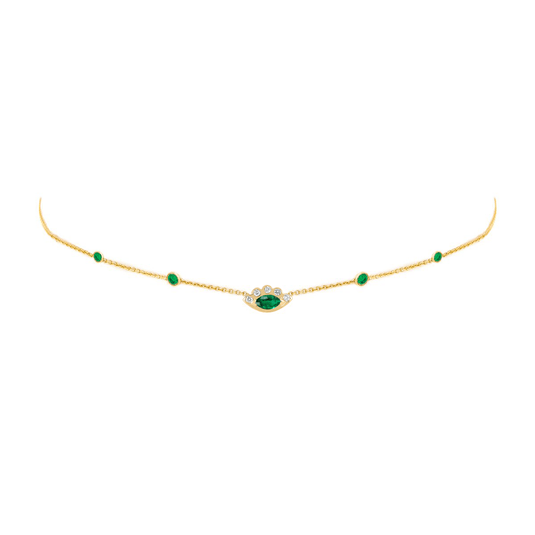 5 Emerald Orbit Bezel Choker with Angel Eye Emerald Center Yellow Gold 14-15-16" by Logan Hollowell Jewelry