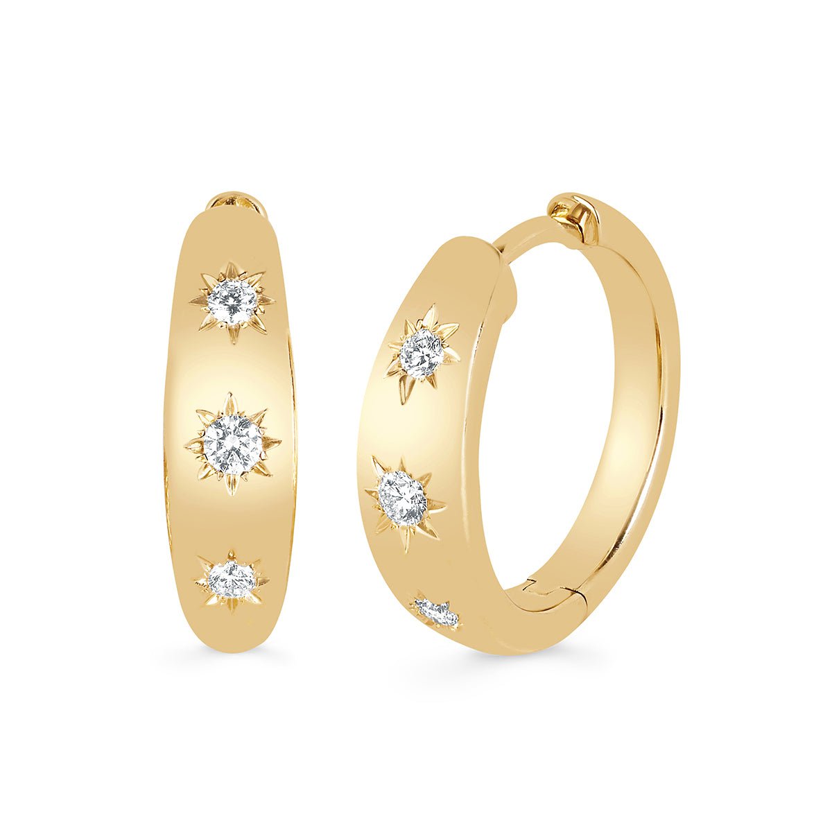 Star Set Rounded Diamond Hoops Yellow Gold by Logan Hollowell Jewelry