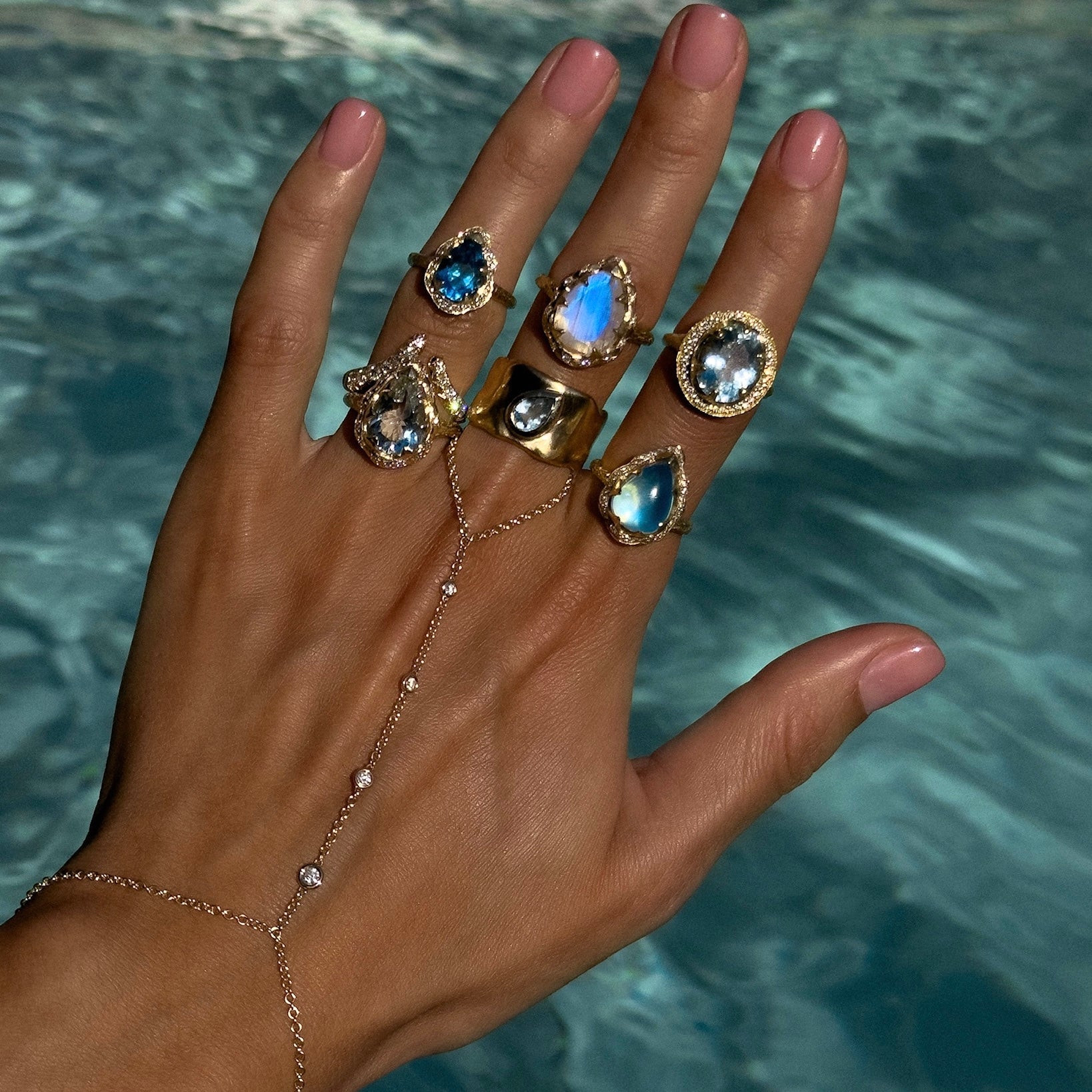 Queen Water Drop Blue Sheen Moonstone Ring with Full Pavé Halo by Logan Hollowell Jewelry