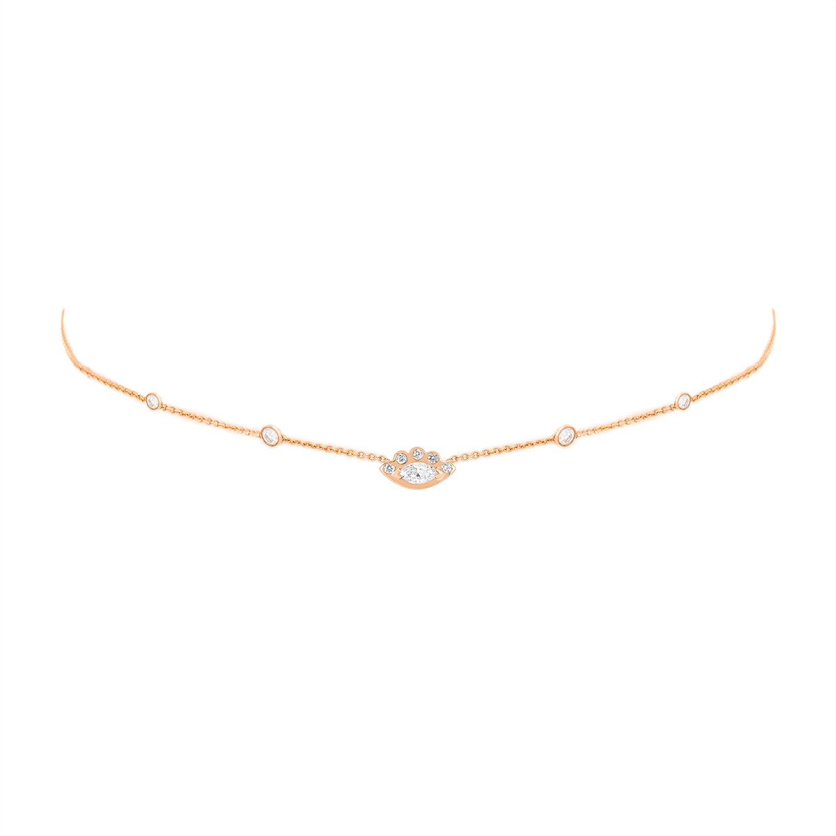 5 Diamond Orbit Bezel Choker with Angel Eye Diamond Center Rose Gold 14-15-16"  by Logan Hollowell Jewelry