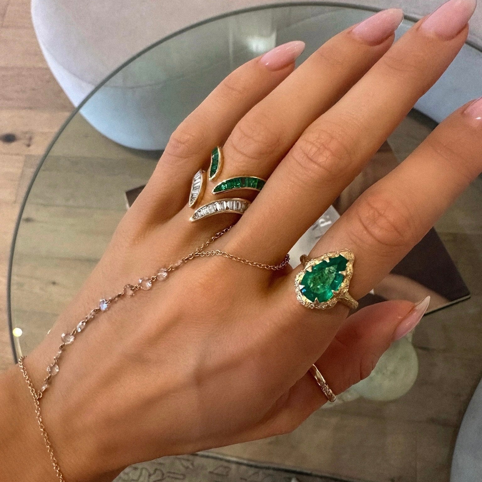 Queen Water Drop Zambian Emerald Ring with Sprinkled Diamonds by Logan Hollowell Jewelry