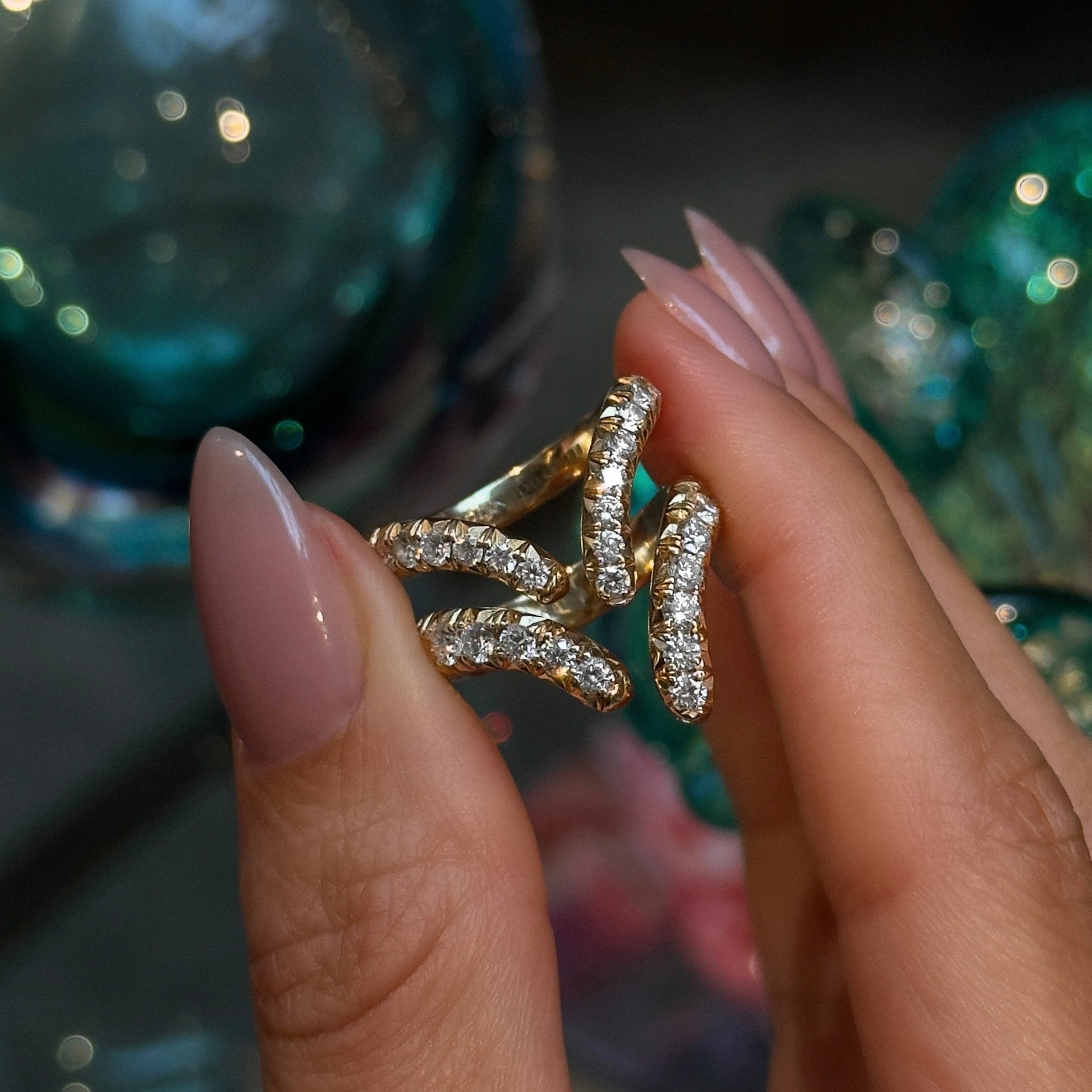 Large French Pavé Diamond Tusk Ring by Logan Hollowell Jewelry