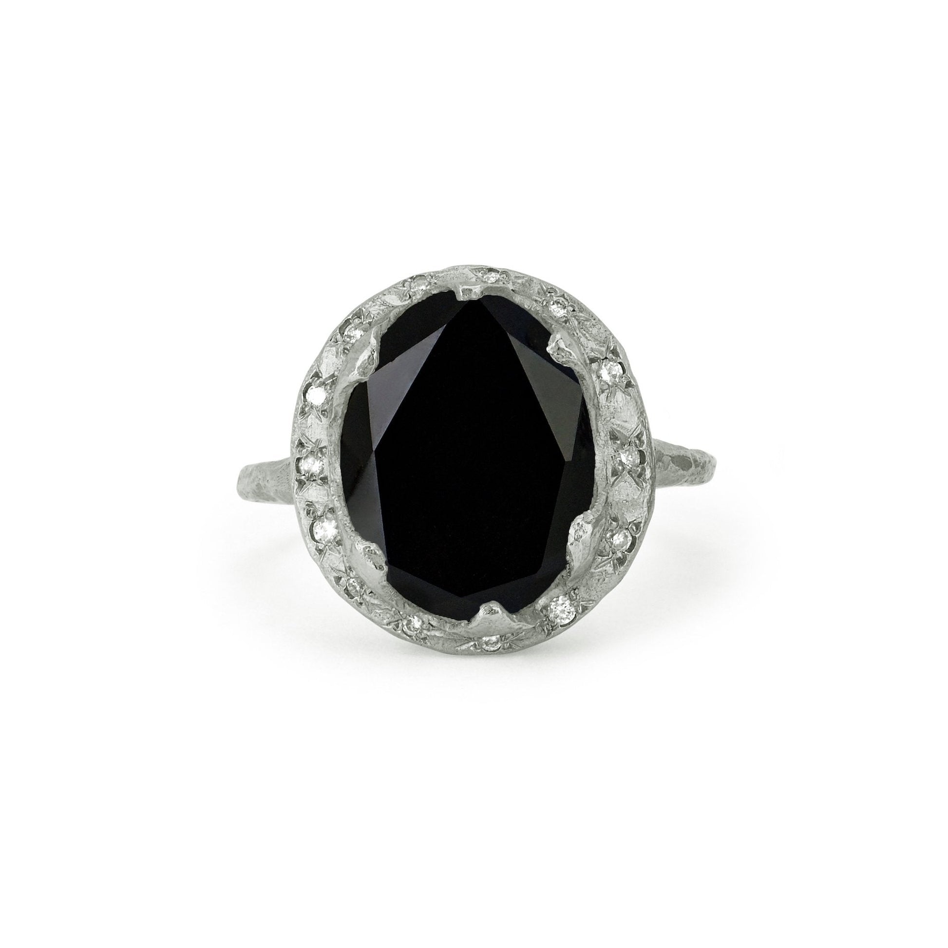 Queen Oval Onyx Ring with Sprinkled Diamonds White Gold 3  by Logan Hollowell Jewelry