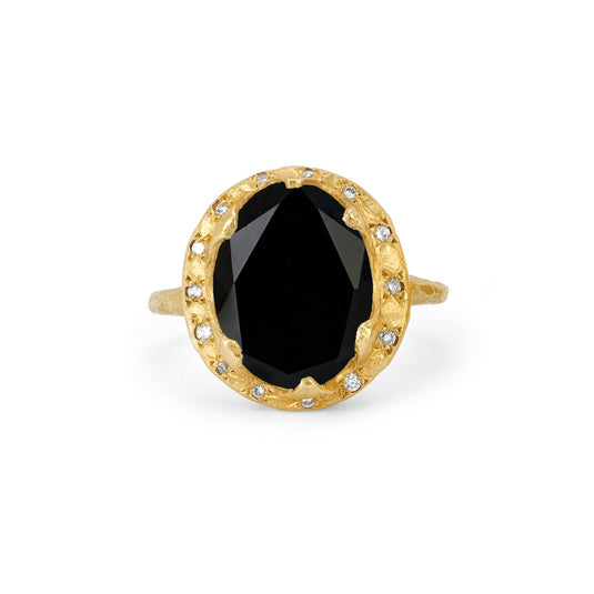 Queen Oval Onyx Ring with Sprinkled Diamonds Yellow Gold 3  by Logan Hollowell Jewelry
