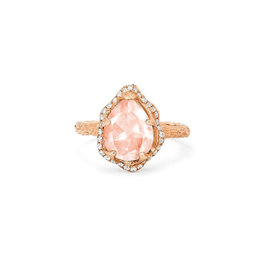Baby Queen Water Drop Morganite Ring with Full Pavé Halo Rose Gold 3  by Logan Hollowell Jewelry