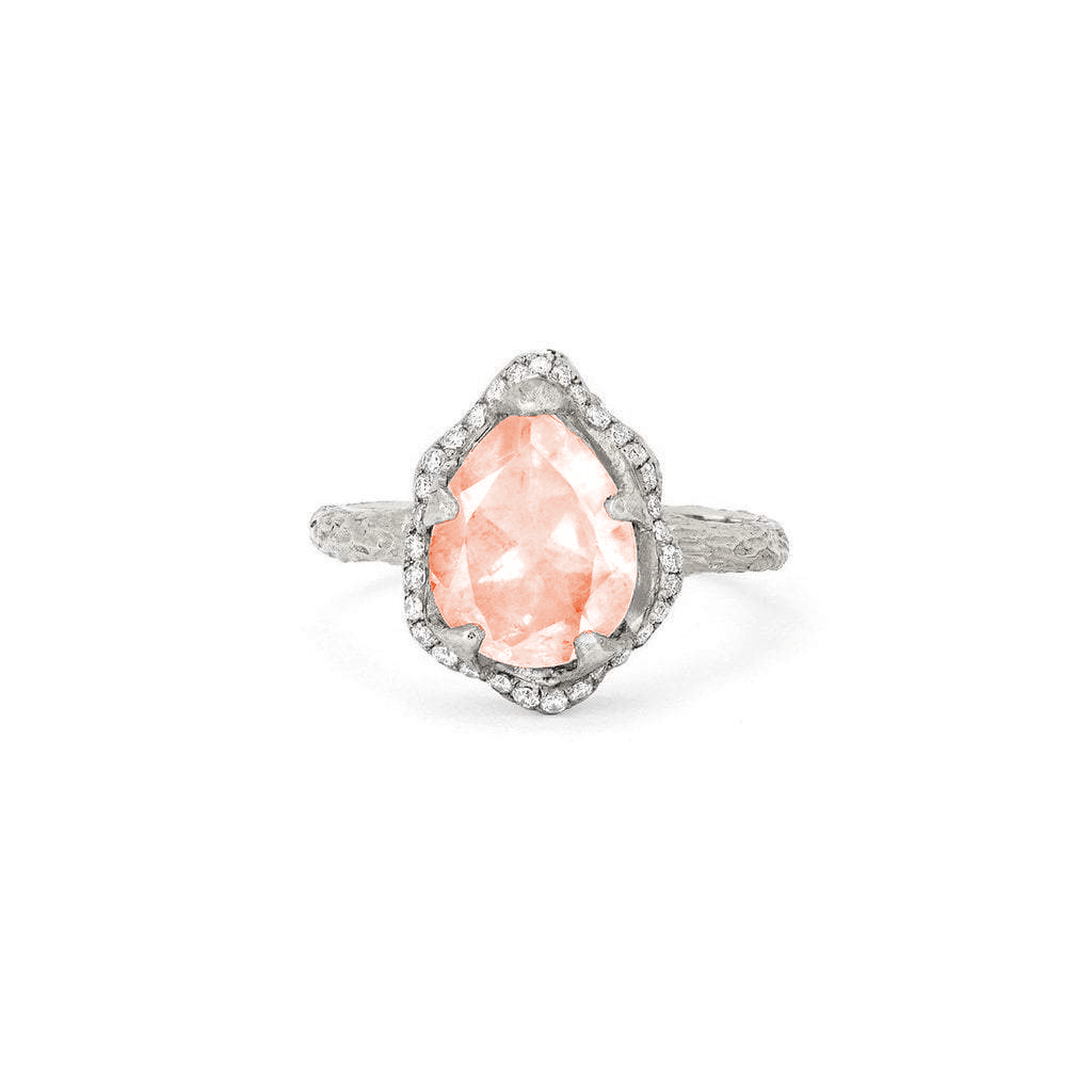 Baby Queen Water Drop Morganite Ring with Full Pavé Halo White Gold 3  by Logan Hollowell Jewelry
