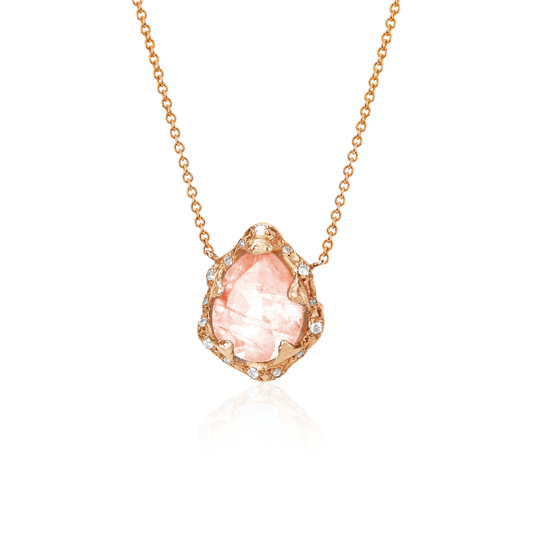 Baby Queen Water Drop Morganite Necklace with Sprinkled Diamonds Rose Gold   by Logan Hollowell Jewelry