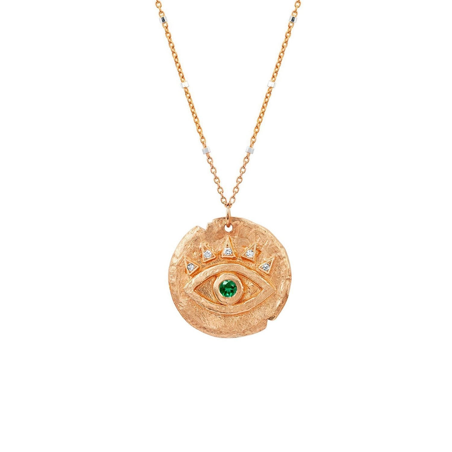 Emerald Petite Eye of Protection Coin Pendant Rose Gold 16" Twinkle Chain by Logan Hollowell Jewelry