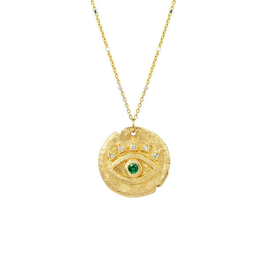 Emerald Petite Eye of Protection Coin Pendant Yellow Gold 16" Twinkle Chain by Logan Hollowell Jewelry