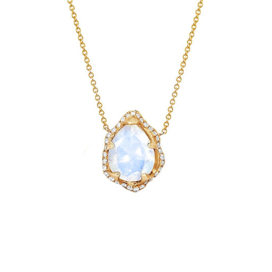 Baby Queen Water Drop Moonstone Necklace with Full Pavé Diamond Halo Yellow Gold by Logan Hollowell Jewelry