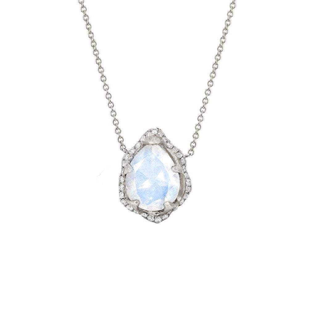 Baby Queen Water Drop Moonstone Necklace with Full Pavé Diamond Halo White Gold   by Logan Hollowell Jewelry