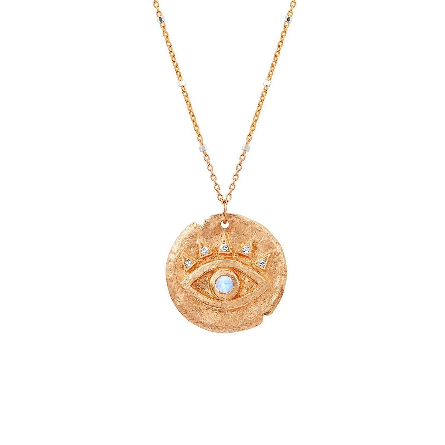 Moonstone Petite Eye of Protection Coin Pendant 16" Rose Gold Ball Chain by Logan Hollowell Jewelry