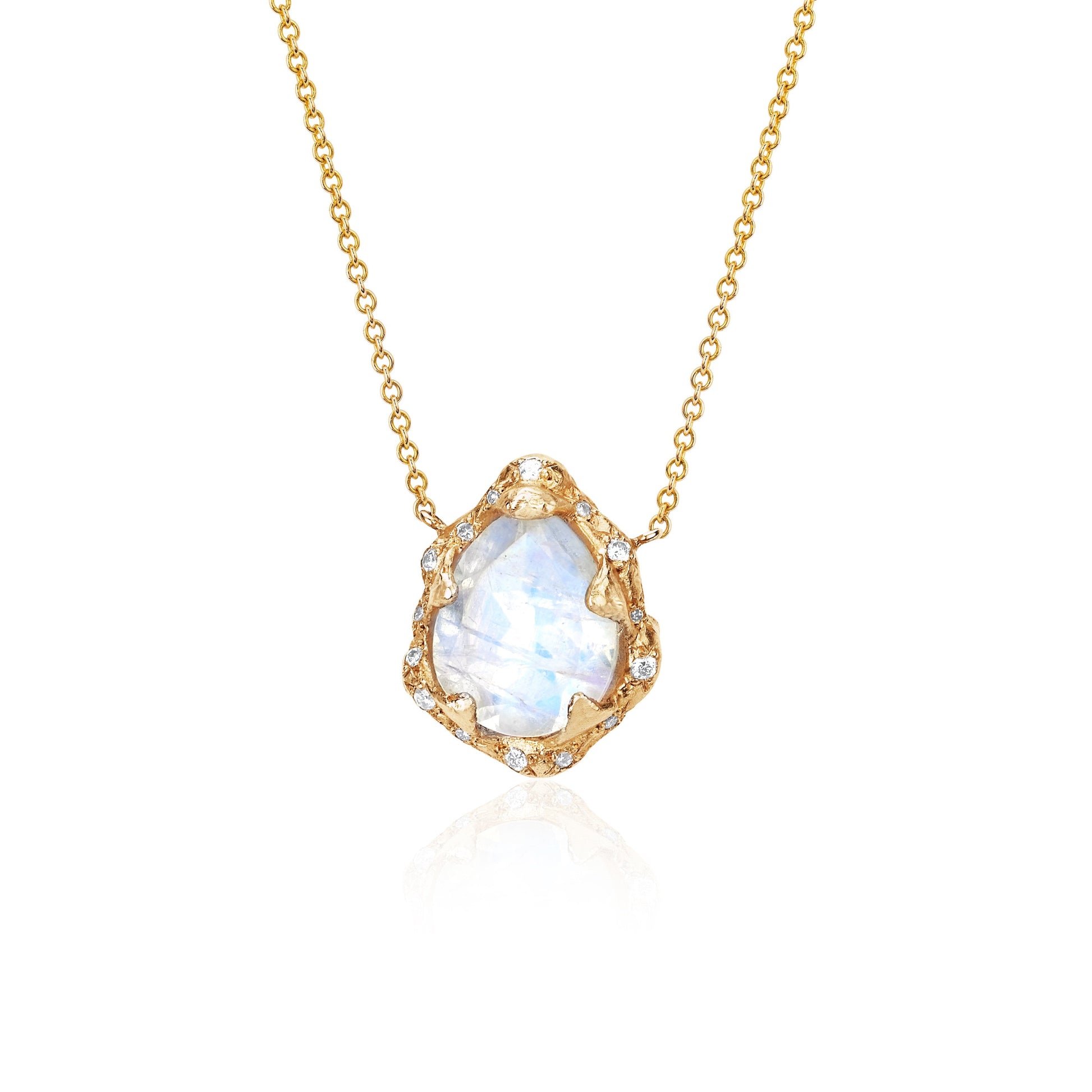 Baby Queen Water Drop Moonstone Necklace with Sprinkled Diamonds Yellow Gold   by Logan Hollowell Jewelry