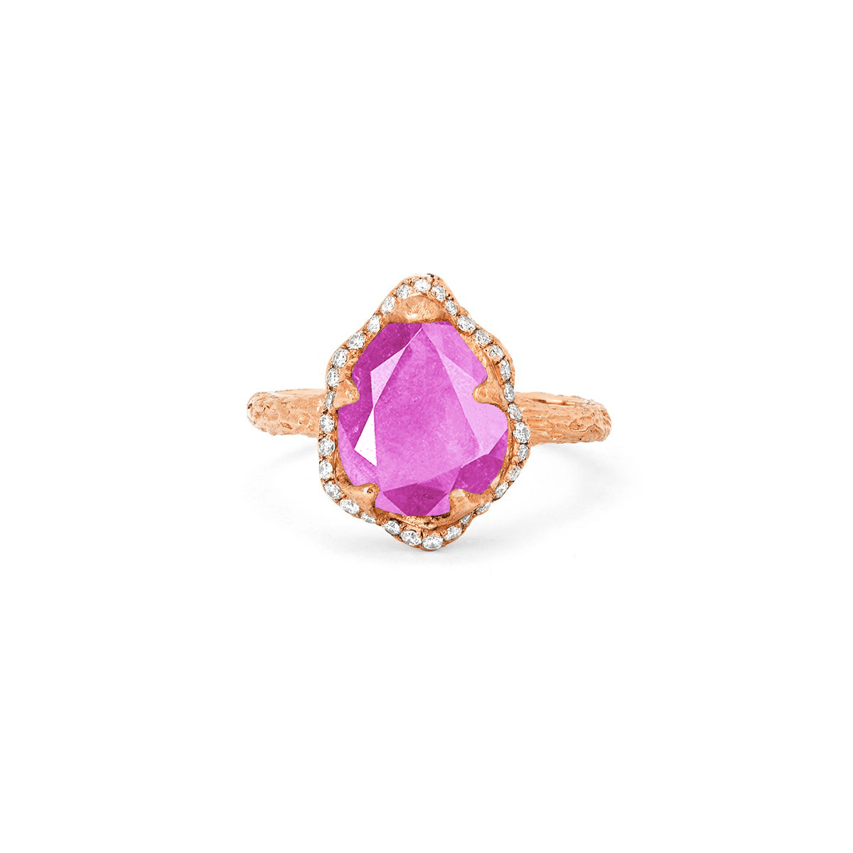 Baby Queen Water Drop Pink Sapphire Ring with Full Pavé Halo Rose Gold 3 by Logan Hollowell Jewelry