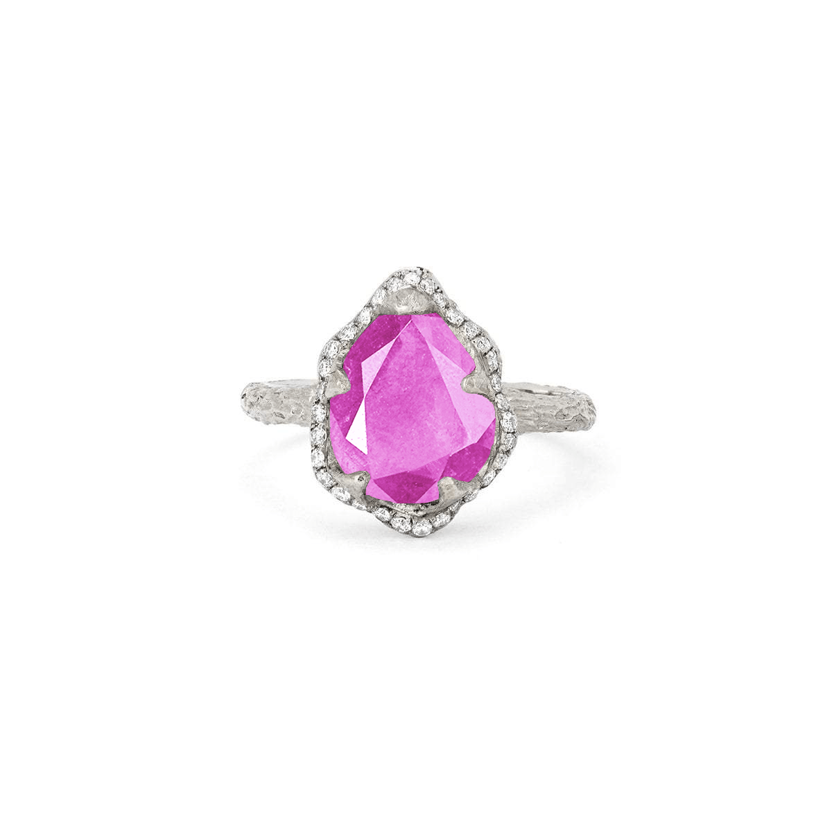 Baby Queen Water Drop Pink Sapphire Ring with Full Pavé Halo White Gold 3 by Logan Hollowell Jewelry