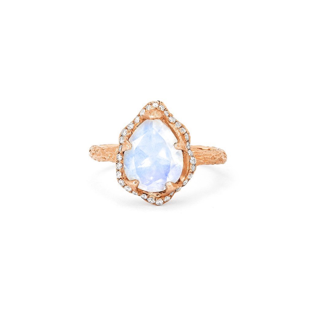 Baby Queen Water Drop Moonstone Ring with Full Pavé Diamond Halo Rose Gold 3  by Logan Hollowell Jewelry