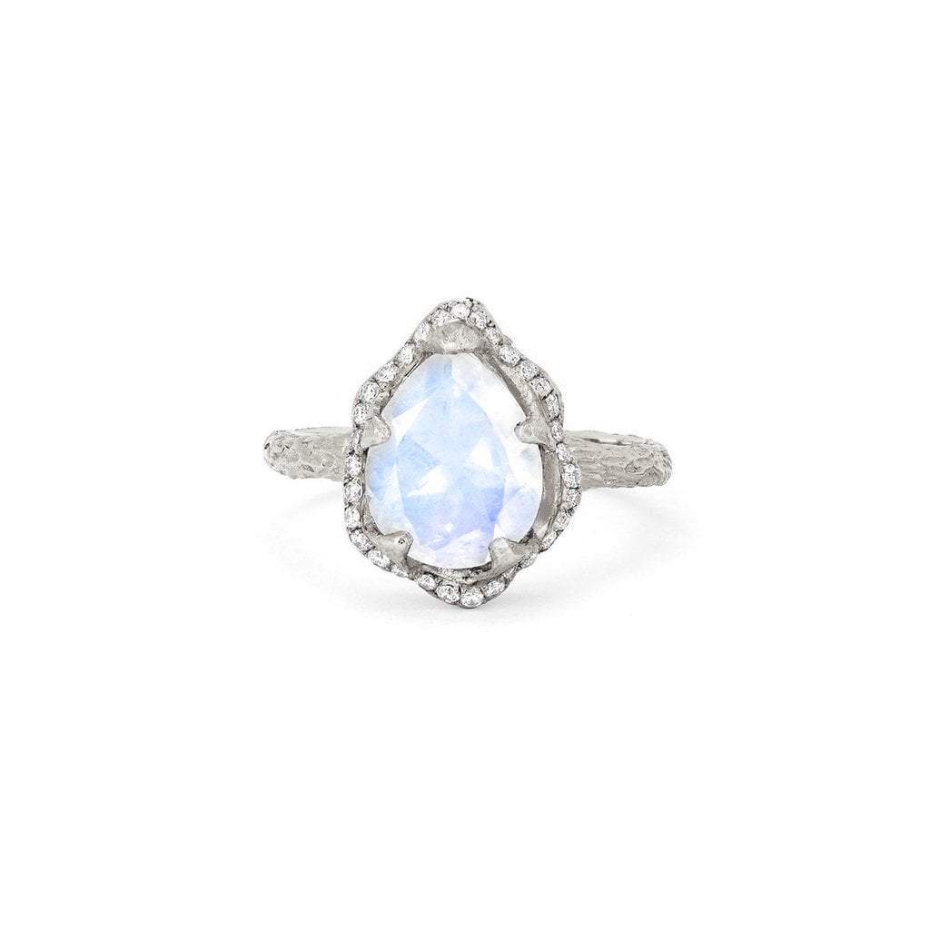 Baby Queen Water Drop Moonstone Ring with Full Pavé Diamond Halo White Gold 3  by Logan Hollowell Jewelry