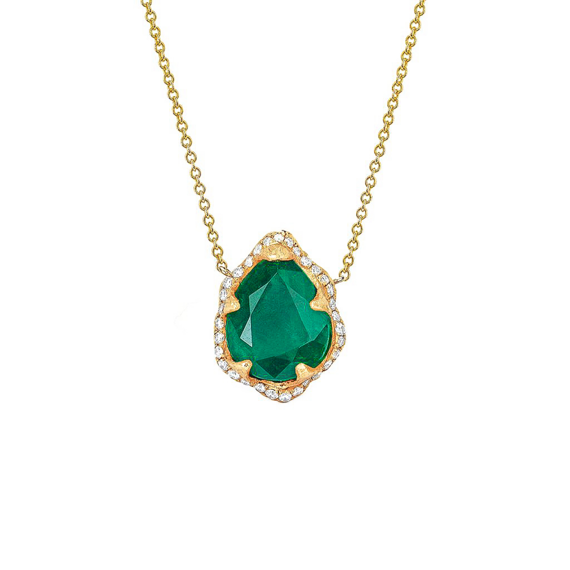 14K Petite Queen Water Drop Emerald Necklace with Full Pavé Diamond Halo Yellow Gold by Logan Hollowell Jewelry