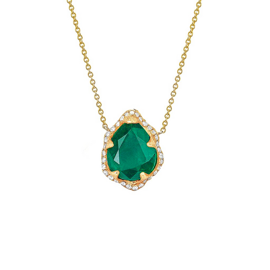 14K Petite Queen Water Drop Emerald Necklace with Full Pavé Diamond Halo Yellow Gold by Logan Hollowell Jewelry