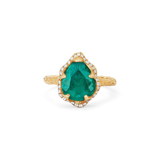 Baby Queen Water Drop Colombian Emerald Ring with Full Pavé Diamond Halo Yellow Gold 3 by Logan Hollowell Jewelry