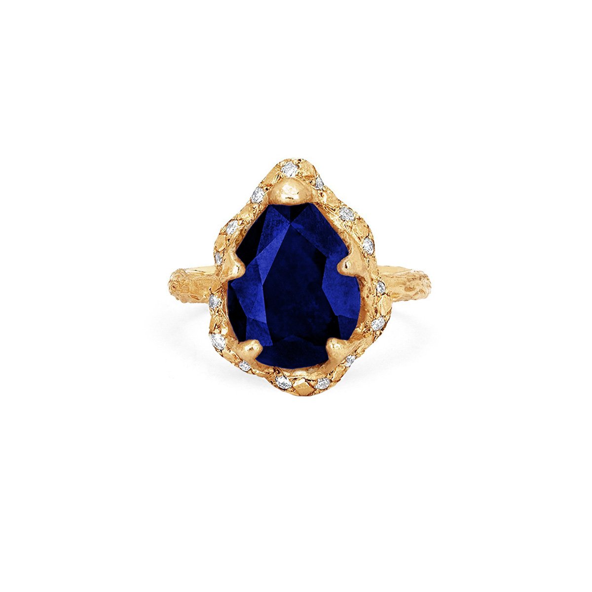 Premium Baby Queen Water Drop Sapphire Ring with Sprinkled Diamond Halo Yellow Gold 3 by Logan Hollowell Jewelry