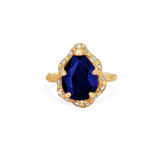 Premium Baby Queen Water Drop Sapphire Ring with Sprinkled Diamond Halo Yellow Gold 3 by Logan Hollowell Jewelry