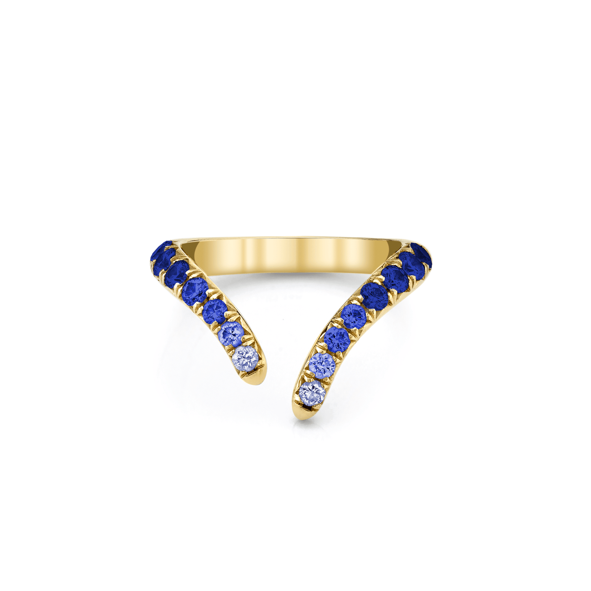 French Pavé Blue Sapphire Tusk Ring Yellow Gold 3 by Logan Hollowell Jewelry