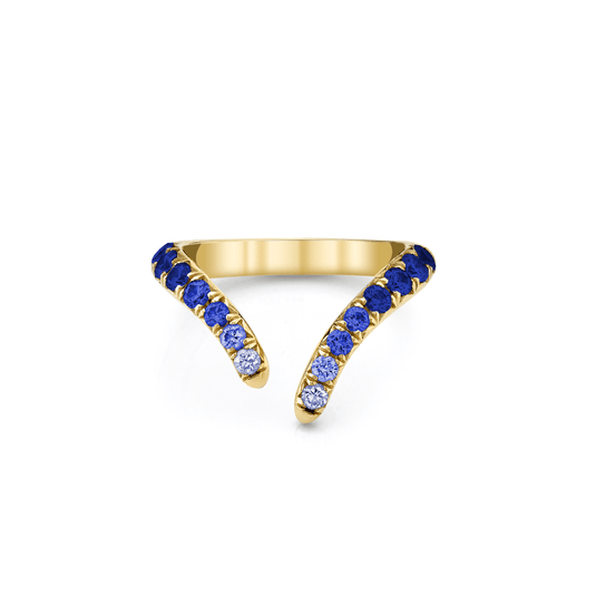 French Pavé Blue Sapphire Tusk Ring Yellow Gold 3 by Logan Hollowell Jewelry