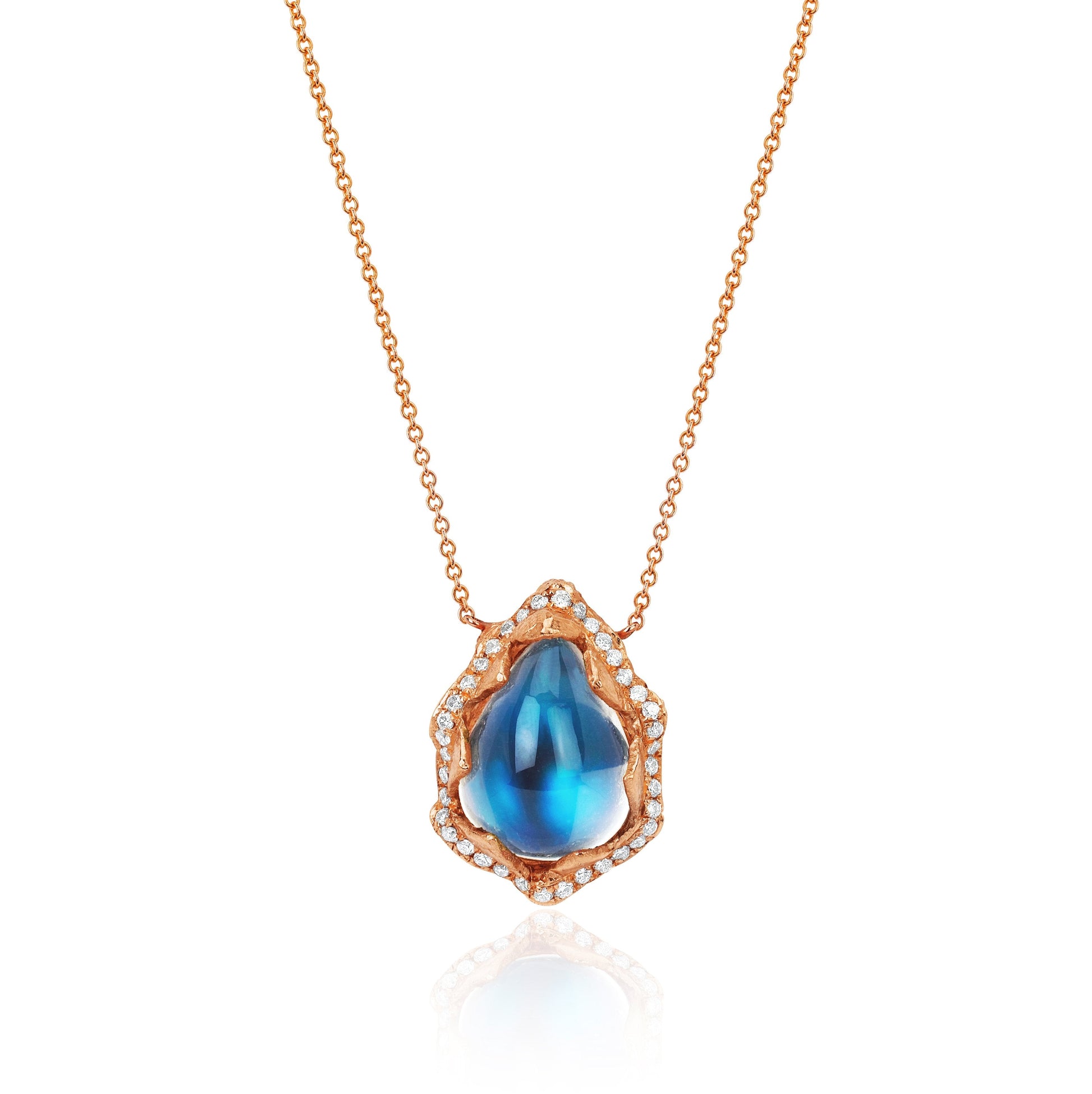Queen Water Drop Blue Sheen Moonstone Necklace with Full Pavé Halo Rose Gold 16-18" by Logan Hollowell Jewelry