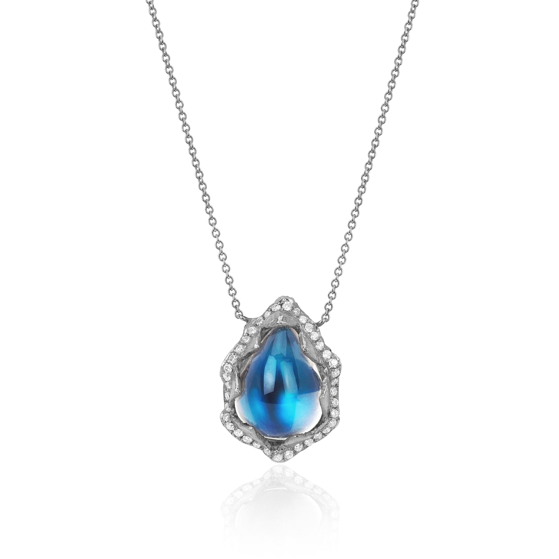 Queen Water Drop Blue Sheen Moonstone Necklace with Full Pavé Halo | Ready to Ship White Gold 16-18" by Logan Hollowell Jewelry