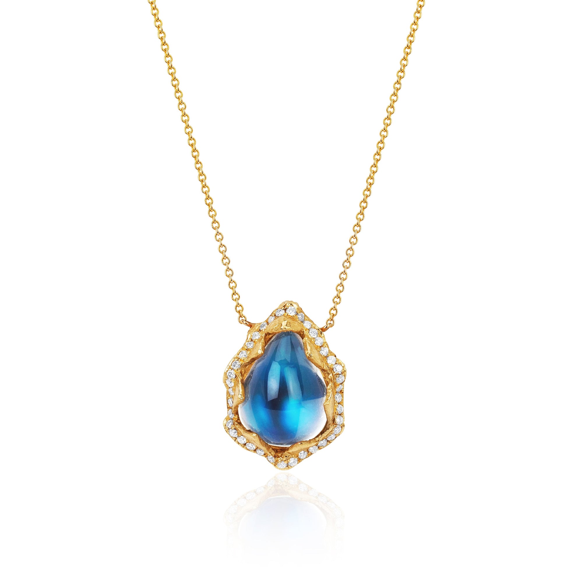 Queen Water Drop Blue Sheen Moonstone Necklace with Full Pavé Halo Yellow Gold 16-18" by Logan Hollowell Jewelry