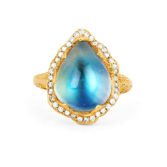 Queen Water Drop Blue Sheen Moonstone Ring with Full Pavé Halo Yellow Gold 6 by Logan Hollowell Jewelry