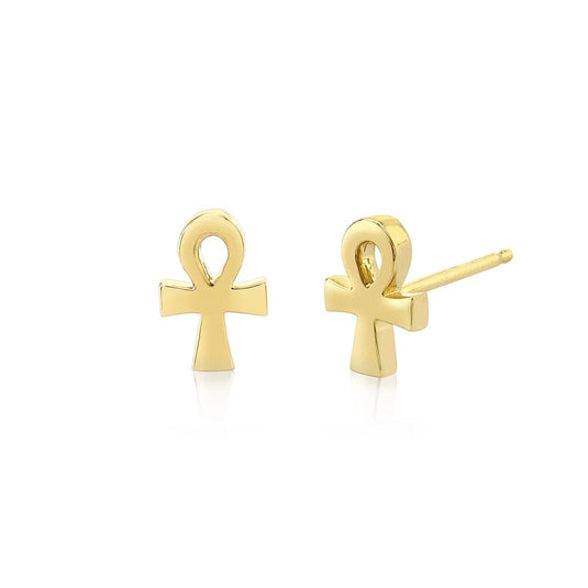 Mini Ankh Studs Pair Yellow Gold by Logan Hollowell Jewelry