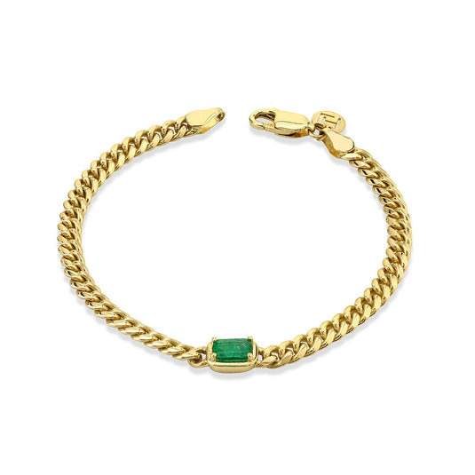 Emerald Cut Emerald Cuban Bracelet Yellow Gold 6.5" by Logan Hollowell Jewelry