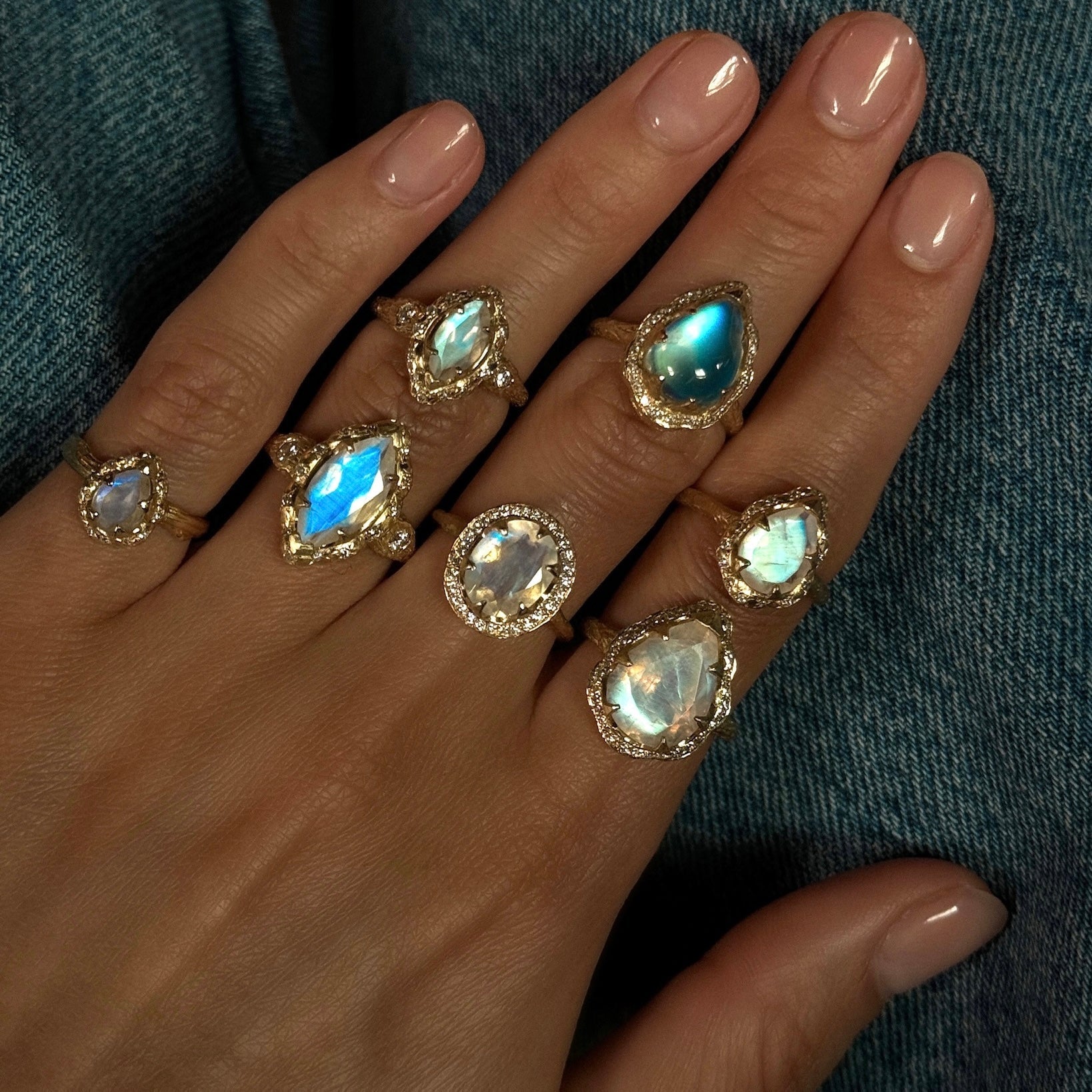 Baby Queen Oval Moonstone Ring with Full Pavé Diamond Halo by Logan Hollowell Jewelry